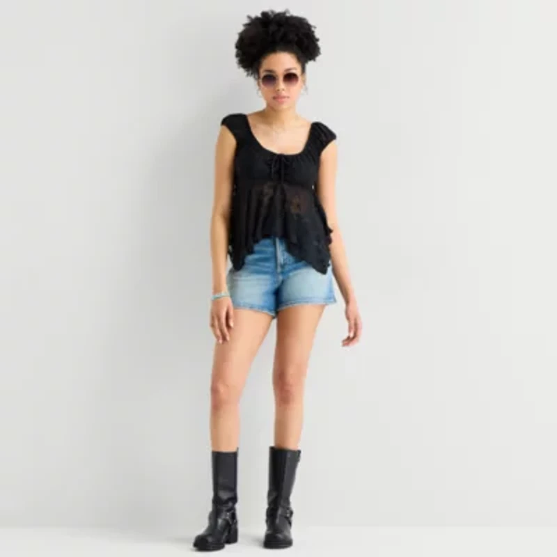 Arizona Womens Juniors Crew Neck Short Sleeve Peasant Top