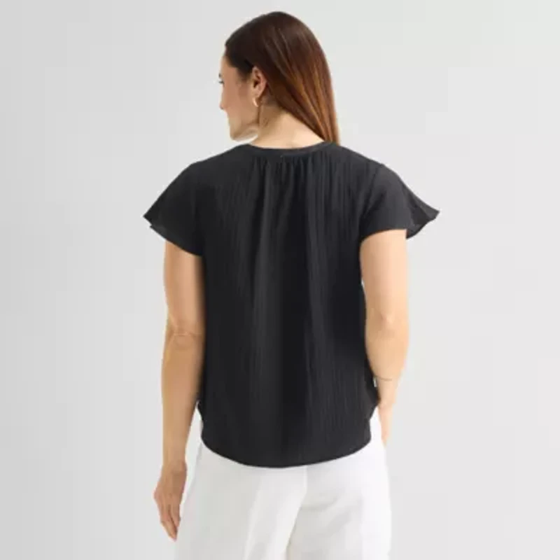 Liz Claiborne Womens Split Crew Neck Short Sleeve Blouse