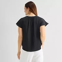 Liz Claiborne Womens Split Crew Neck Short Sleeve Blouse