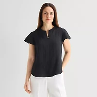 Liz Claiborne Womens Split Crew Neck Short Sleeve Blouse