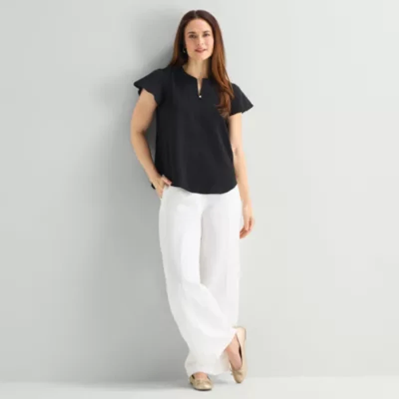 Liz Claiborne Womens Split Crew Neck Short Sleeve Blouse