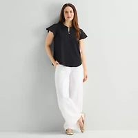 Liz Claiborne Womens Split Crew Neck Short Sleeve Blouse