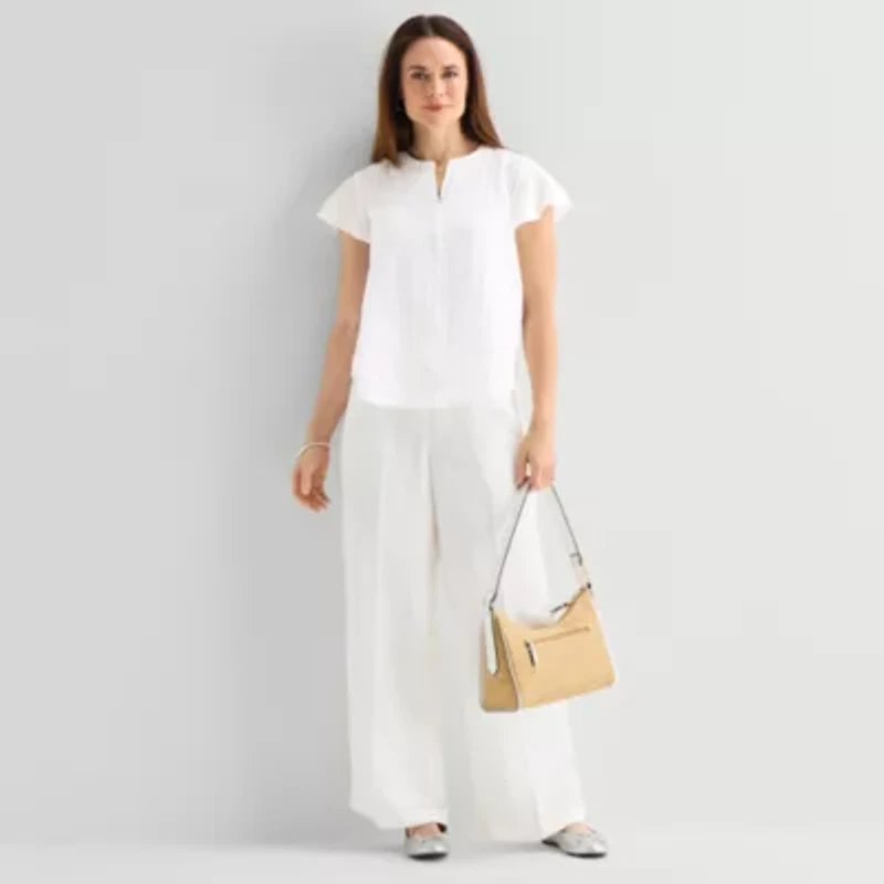 Liz Claiborne Womens Split Crew Neck Short Sleeve Blouse