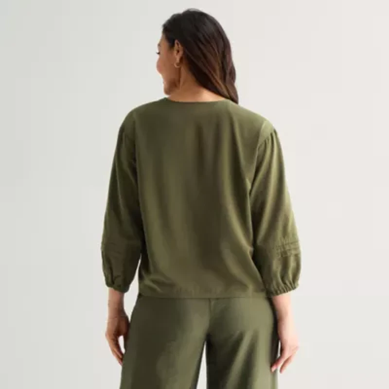 Liz Claiborne Womens Split Crew Neck 3/4 Sleeve Blouse