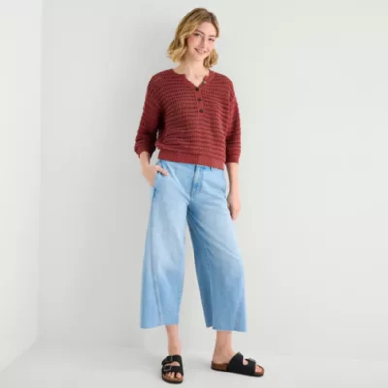 a.n.a Womens Henley Neck 3/4 Sleeve Pullover Sweater