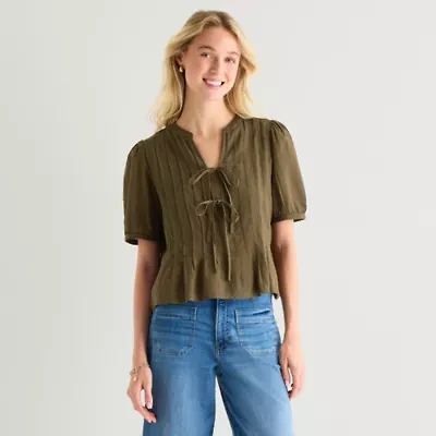 a.n.a Womens Y Neck Short Sleeve Blouse