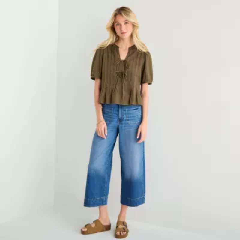 a.n.a Womens Y Neck Short Sleeve Blouse