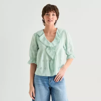 a.n.a Womens V Neck Elbow Sleeve Blouse