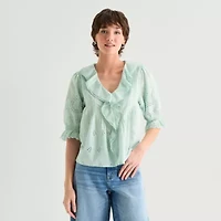 a.n.a Womens V Neck Elbow Sleeve Blouse
