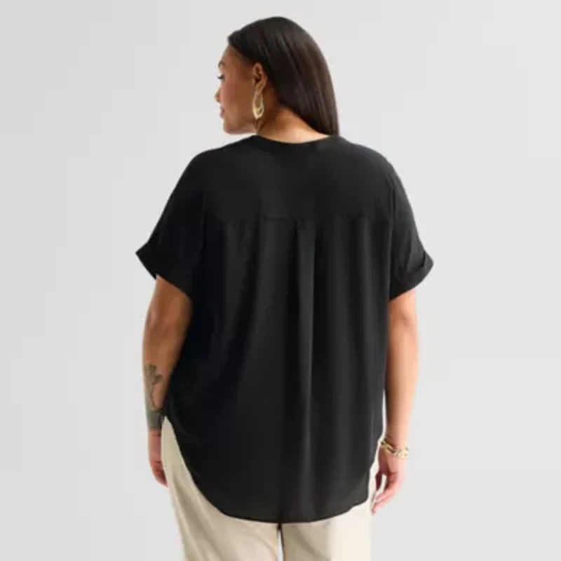 Worthington Womens Plus Henley Neck Short Sleeve Blouse