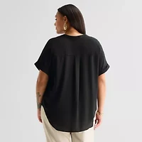 Worthington Womens Plus Henley Neck Short Sleeve Blouse