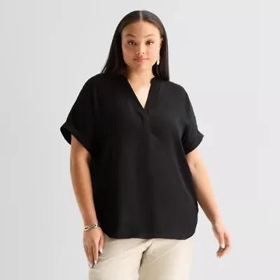 Worthington Womens Plus Henley Neck Short Sleeve Blouse