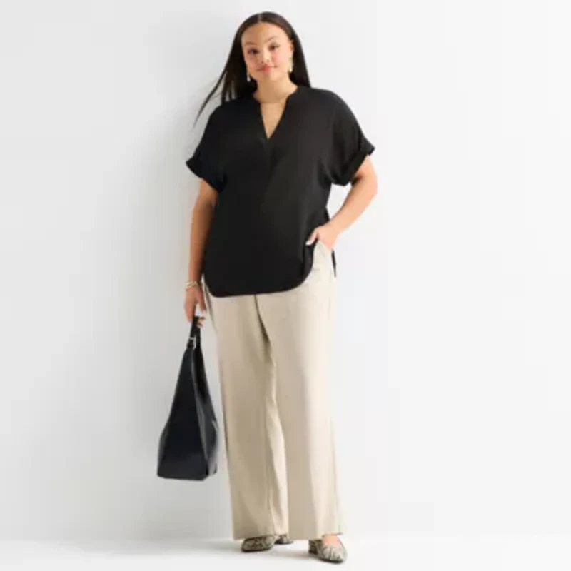 Worthington Womens Plus Henley Neck Short Sleeve Blouse