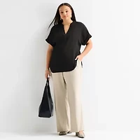 Worthington Womens Plus Henley Neck Short Sleeve Blouse