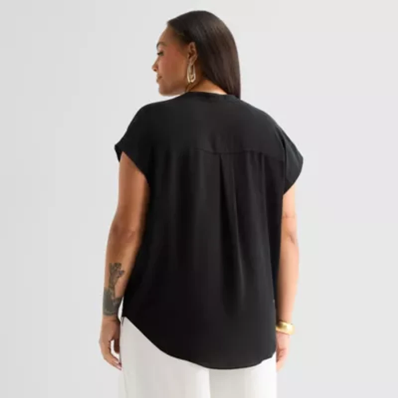 Worthington Womens Plus V Neck Short Sleeve Blouse