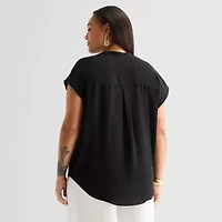 Worthington Womens Plus V Neck Short Sleeve Blouse