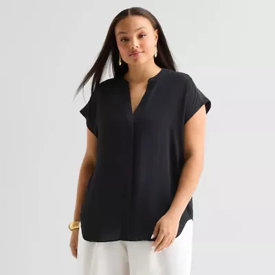 Worthington Womens Plus V Neck Short Sleeve Blouse