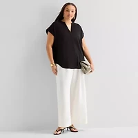 Worthington Womens Plus V Neck Short Sleeve Blouse