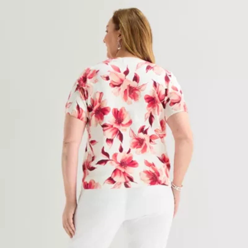 Liz Claiborne Plus Womens Crew Neck Short Sleeve Floral Pullover Sweater