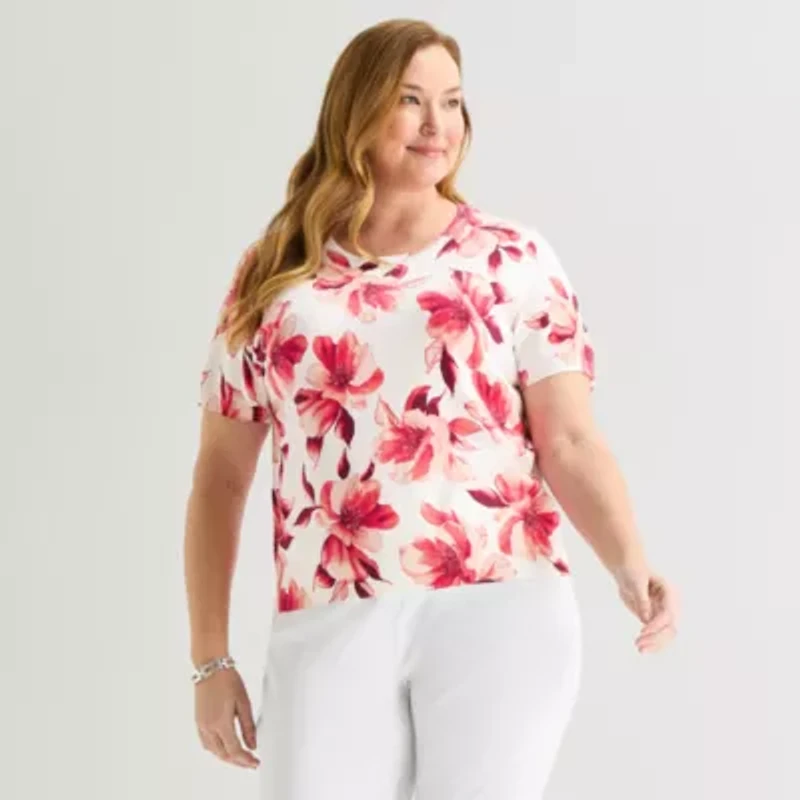 Liz Claiborne Plus Womens Crew Neck Short Sleeve Floral Pullover Sweater