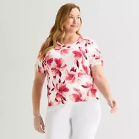 Liz Claiborne Plus Womens Crew Neck Short Sleeve Floral Pullover Sweater