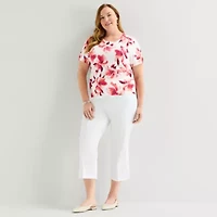 Liz Claiborne Plus Womens Crew Neck Short Sleeve Floral Pullover Sweater