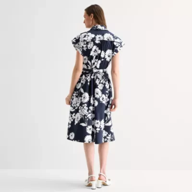52seven Womens Short Sleeve Floral Midi Fit + Flare Dress