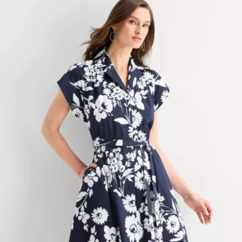 52seven Womens Short Sleeve Floral Midi Fit + Flare Dress