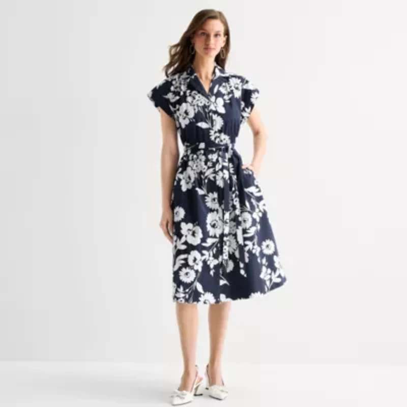 52seven Womens Short Sleeve Floral Midi Fit + Flare Dress