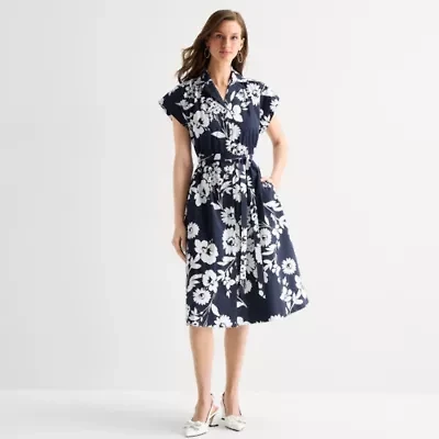 52seven Womens Short Sleeve Floral Midi Fit + Flare Dress