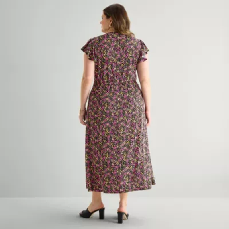 MSK Womens Plus Short Sleeve Floral Maxi Dress