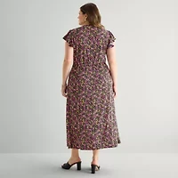 MSK Womens Plus Short Sleeve Floral Maxi Dress