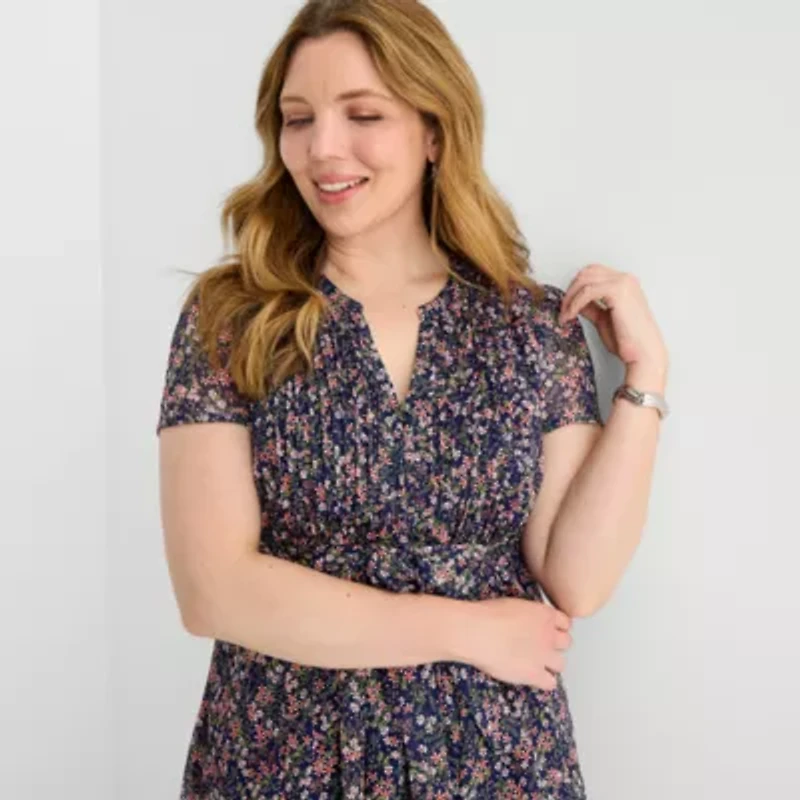 MSK Womens Plus Short Sleeve Floral Shirt Dress