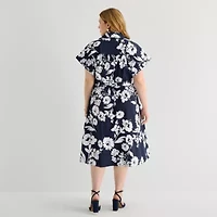 52seven Womens Plus Short Sleeve Floral Midi Fit + Flare Dress
