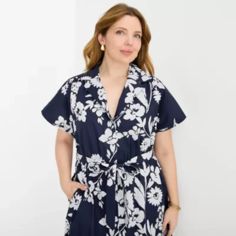 52seven Womens Plus Short Sleeve Floral Midi Fit + Flare Dress