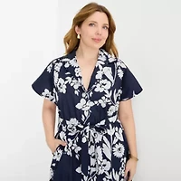 52seven Womens Plus Short Sleeve Floral Midi Fit + Flare Dress
