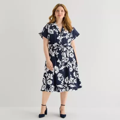 52seven Womens Plus Short Sleeve Floral Midi Fit + Flare Dress