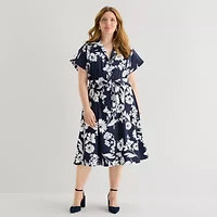 52seven Womens Plus Short Sleeve Floral Midi Fit + Flare Dress
