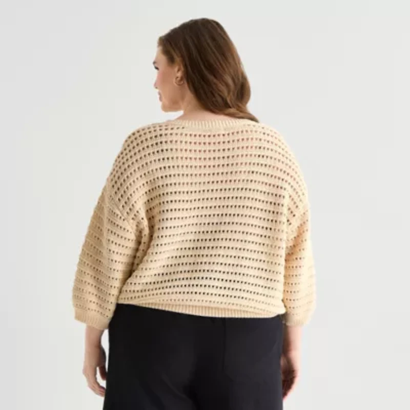 a.n.a Womens Plus Henley Neck 3/4 Sleeve Pullover Sweater