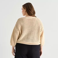 a.n.a Womens Plus Henley Neck 3/4 Sleeve Pullover Sweater