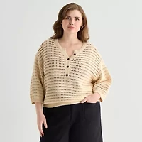 a.n.a Womens Plus Henley Neck 3/4 Sleeve Pullover Sweater