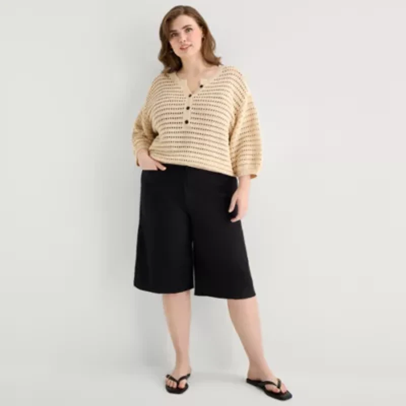 a.n.a Womens Plus Henley Neck 3/4 Sleeve Pullover Sweater