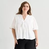 a.n.a Womens Plus Split Tie Neck Short Sleeve Blouse