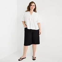a.n.a Womens Plus Split Tie Neck Short Sleeve Blouse
