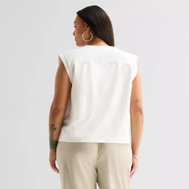 Worthington Womens Plus Crew Neck Blouse