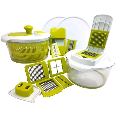 MegaChef 10 in 1 Multi-Use Salad Spinning Slicer Dicer and Chopper with Interchangeable Blades and Storage Lids