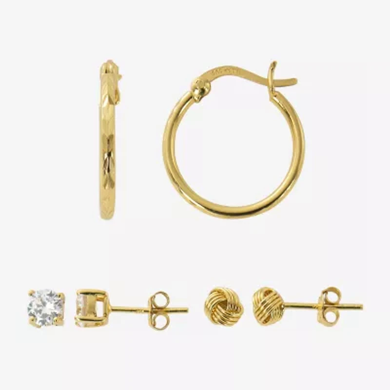 Womens Cubic Zirconia 24K Gold Over Silver 3 Pair Earring Set