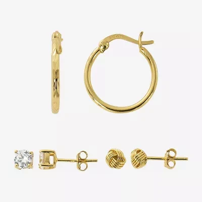 Womens Cubic Zirconia 24K Gold Over Silver 3 Pair Earring Set