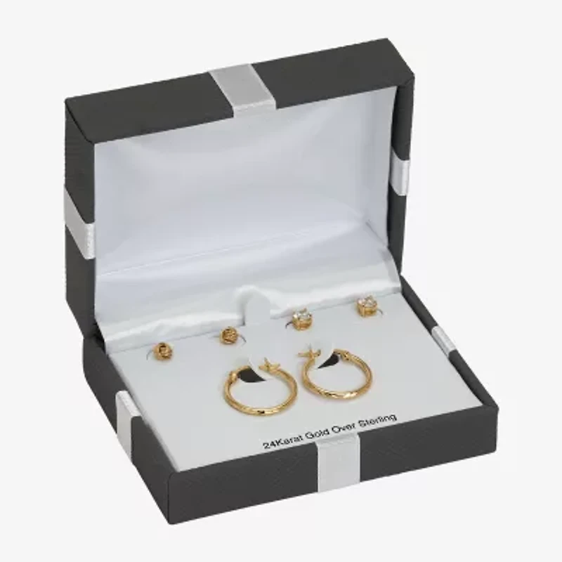Womens Cubic Zirconia 24K Gold Over Silver 3 Pair Earring Set