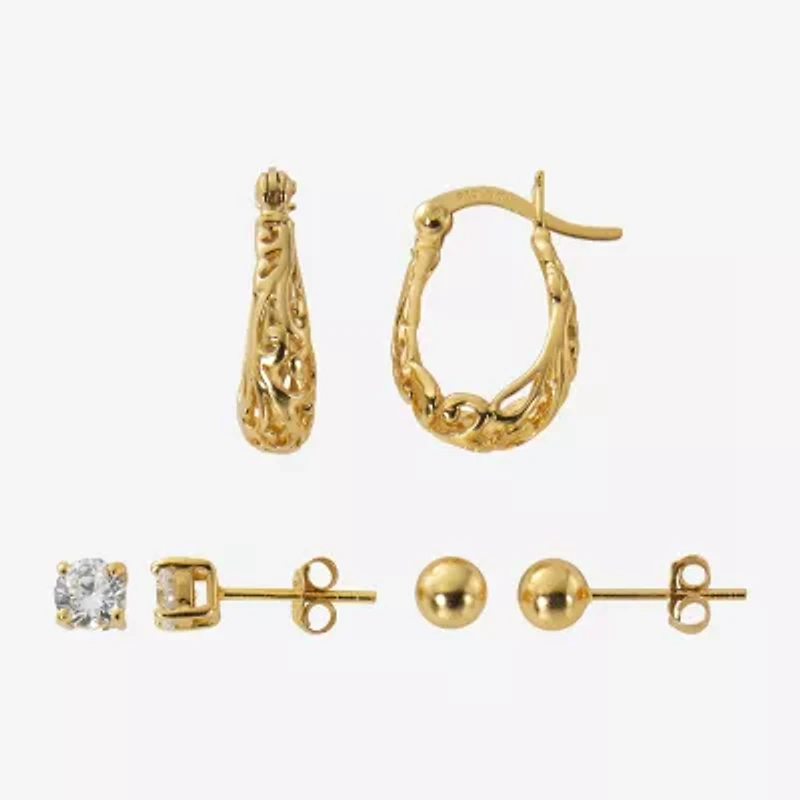 Womens Cubic Zirconia 24K Gold Over Silver 3 Pair Earring Set